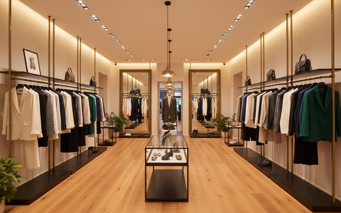 Elegancki butik modowy z przemyślaną aranżacją przestrzeni i ekspozycją odzieży