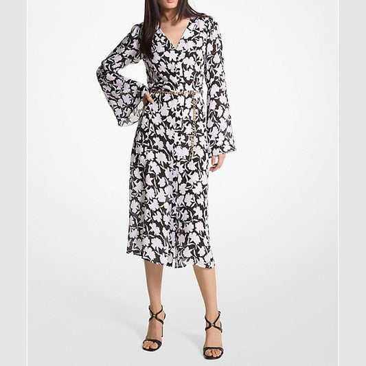 Michael Kors Floral Print Bell Sleeve Midi Dress Black, Women