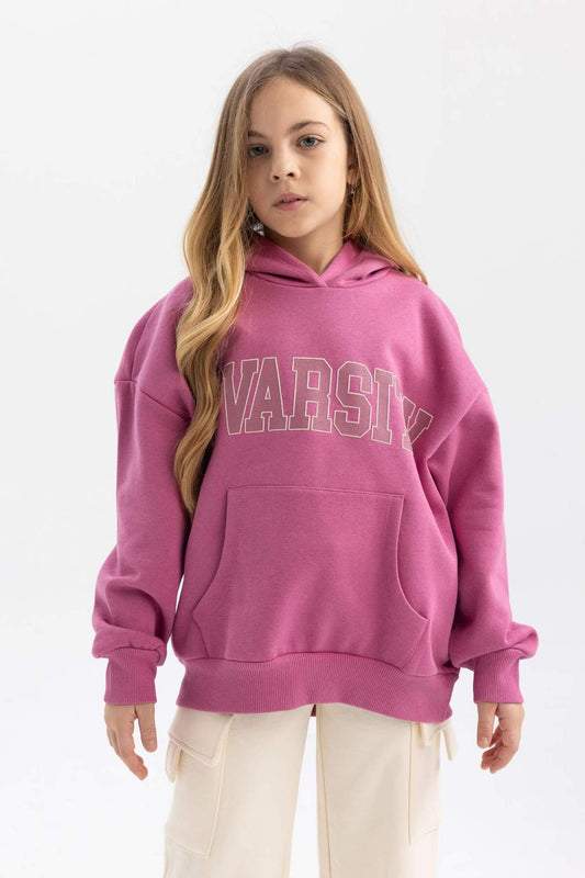 DeFacto Girls Oversize Wide Fit Hooded Printed Soft Fur Inside Thick Sweatshirt Purple Women