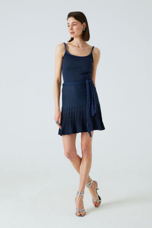 JOIN US Navy Blue Flared Skirt with Knitted Belt Women