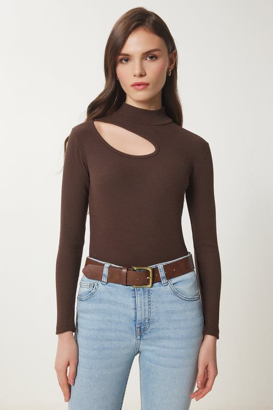 Happiness İstanbul Women's Brown Cut Out Detailed Corded Knitted Blouse Women