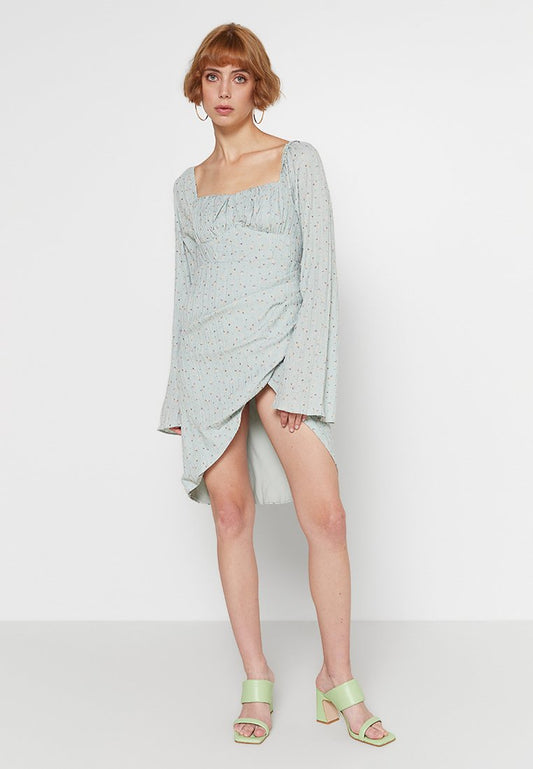 Structured Long Sleeve Mini Dress-Green Flower Women