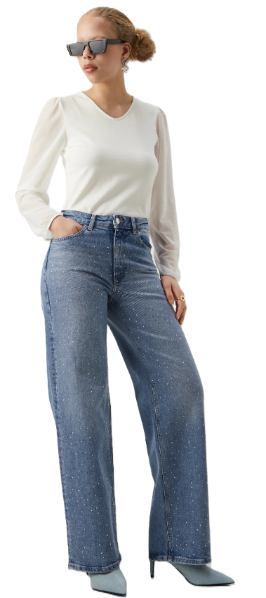 ONLY Women's Trousers JEANSY ONLJUICY HW RHINESTONE WIDE DNM MEDIUM BLUE DEN/RHINESTONE (10222) Women